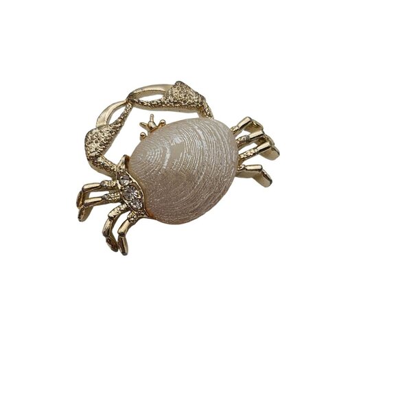 Vtg Gold Tone Shell & Crab Brooch Set Faux Pearl Beach Ocean Cancer Zodiac July - Picture 11 of 16